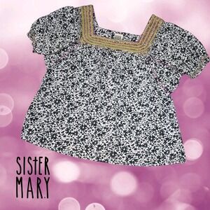 Sister Mary Embroidered Neck Elana Peasant Boho Cottage Top White Black Floral L